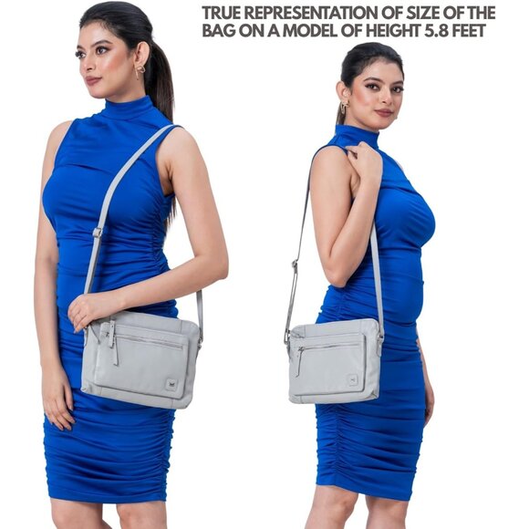 Women Ice Grey Imported Leather Polyester Crossbody Sling Shoulder Crossover Bag - Picture 2 of 6